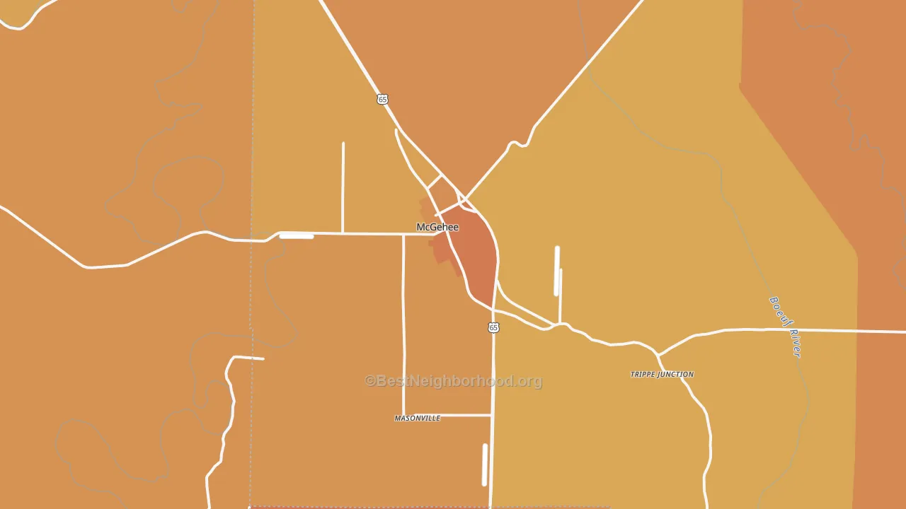 Map of the best neighborhoods in the McGehee area, with better matches in green and worse matches in red