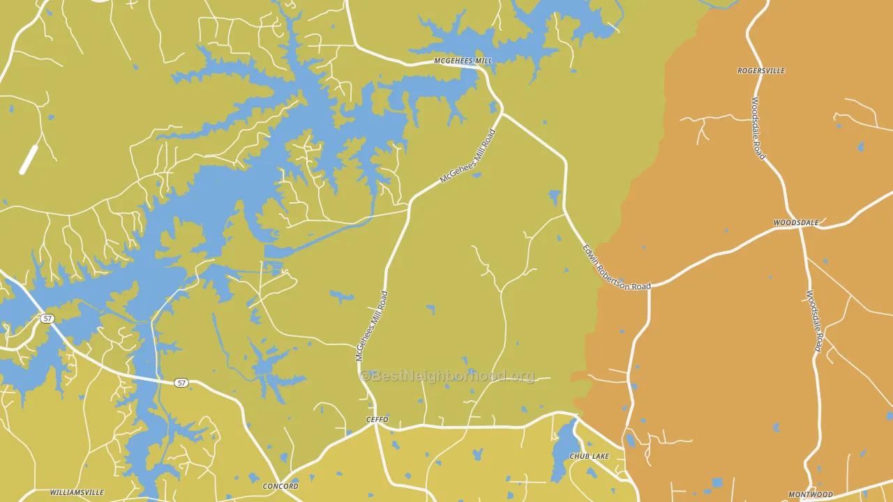 Map of the best neighborhoods in the McGehees Mill area, with better matches in green and worse matches in red