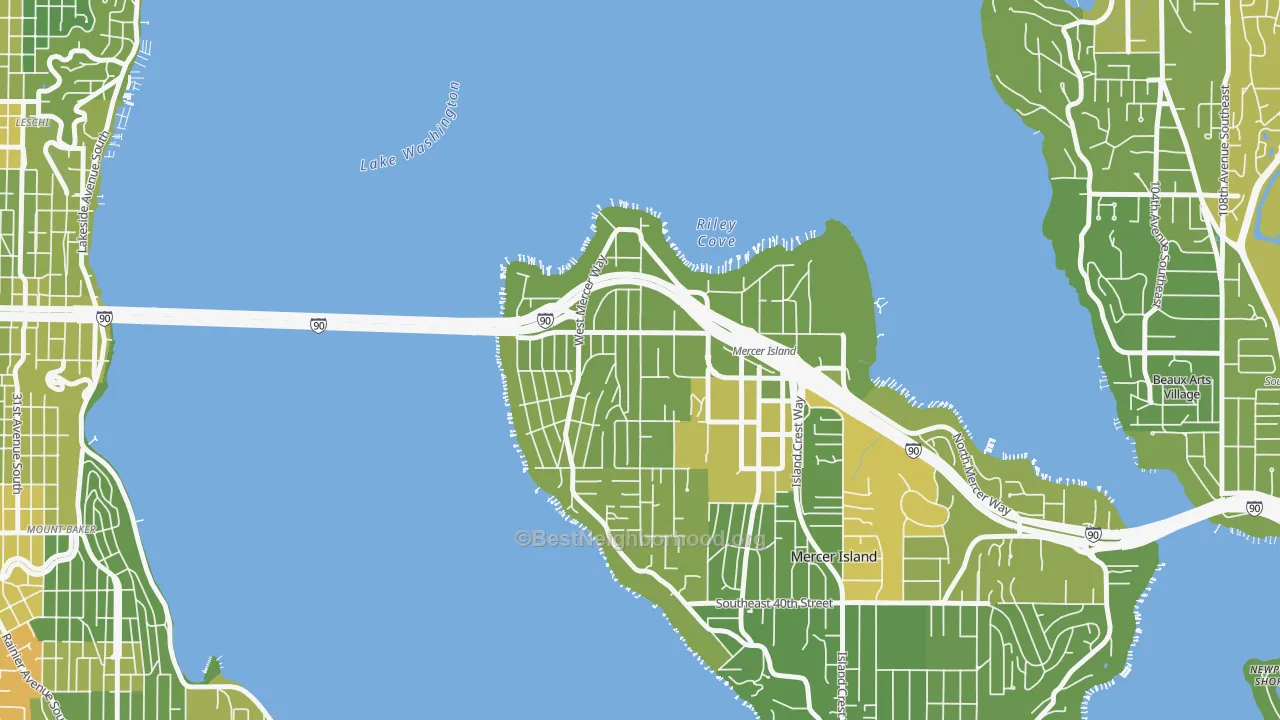 Map of the best neighborhoods in the McGilvra, Mercer Island area, with better matches in green and worse matches in red