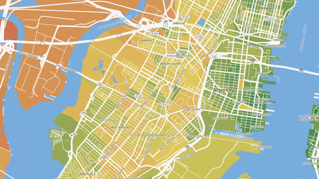 Map of the best neighborhoods in the McGinley Square, Jersey City area, with better matches in green and worse matches in red