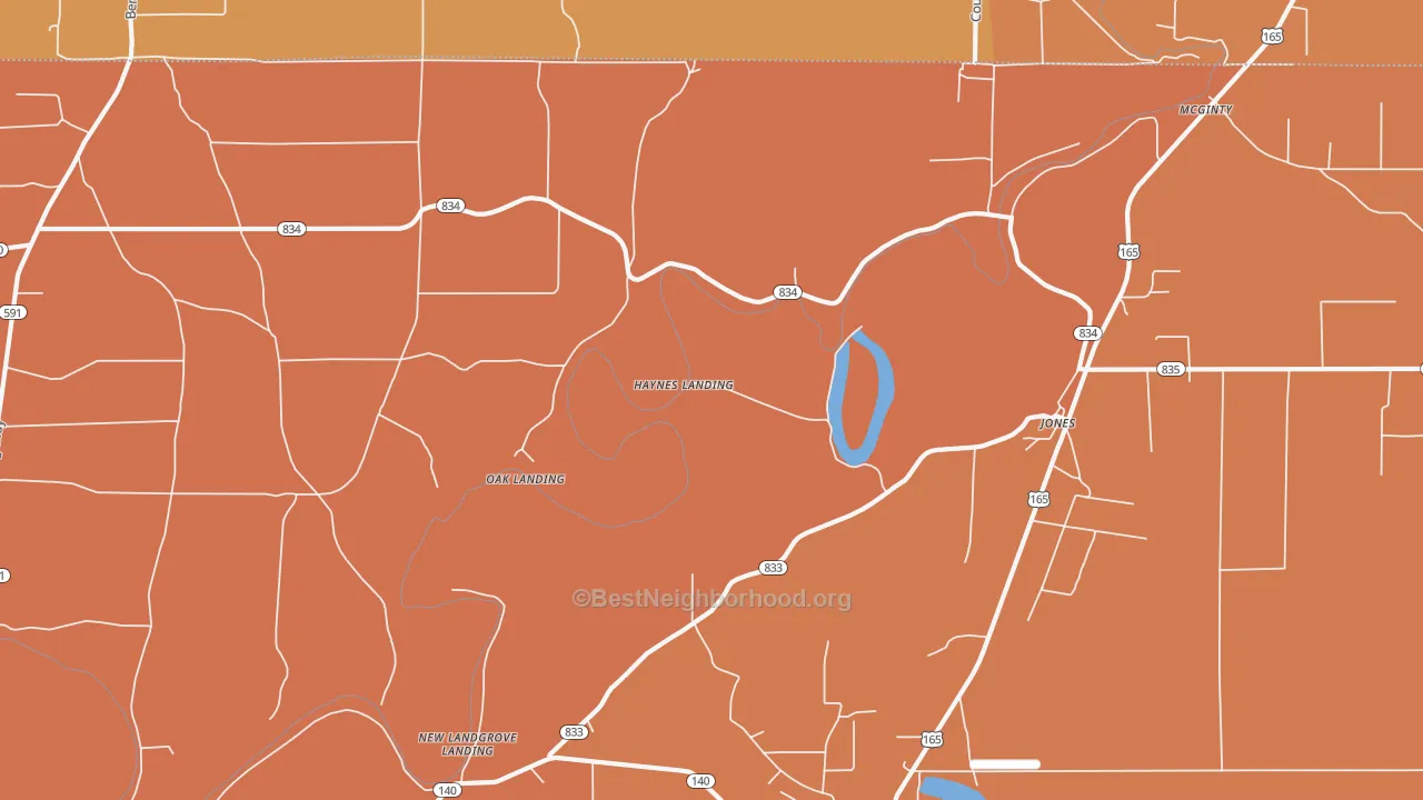 Map of the best neighborhoods in the McGinty area, with better matches in green and worse matches in red