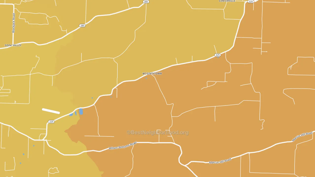 Map of the best neighborhoods in the McGintytown area, with better matches in green and worse matches in red