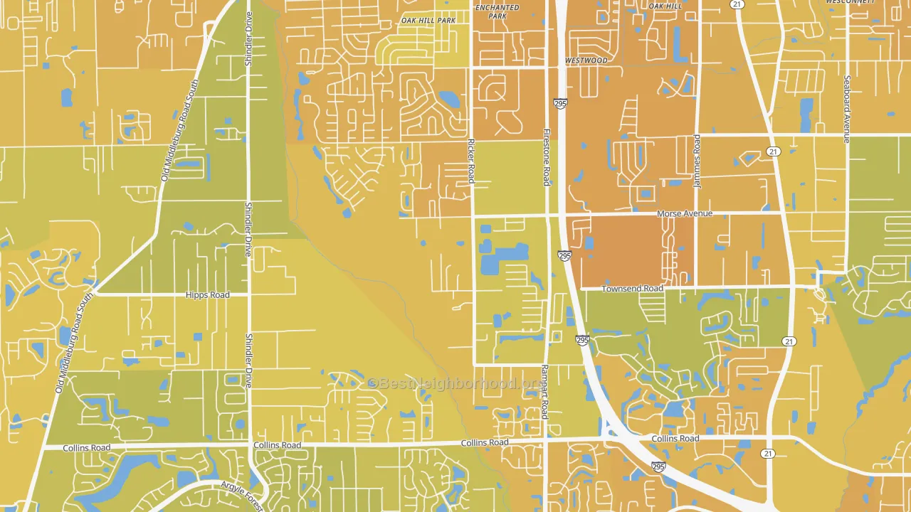 Map of the best neighborhoods in the McGirts Creek, Jacksonville area, with better matches in green and worse matches in red