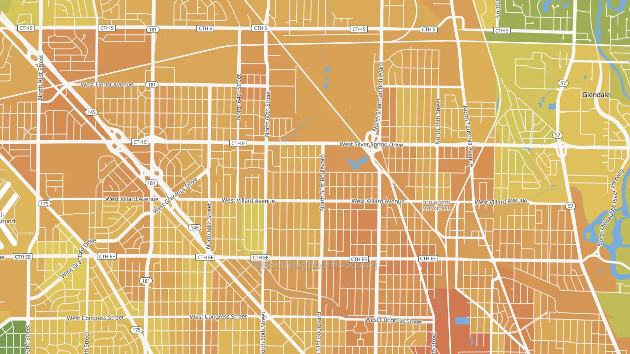 Map of the best neighborhoods in the McGovern Park, Milwaukee area, with better matches in green and worse matches in red