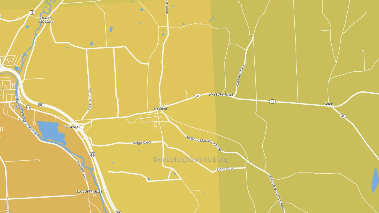 Map of the best neighborhoods in the McGraw area, with better matches in green and worse matches in red