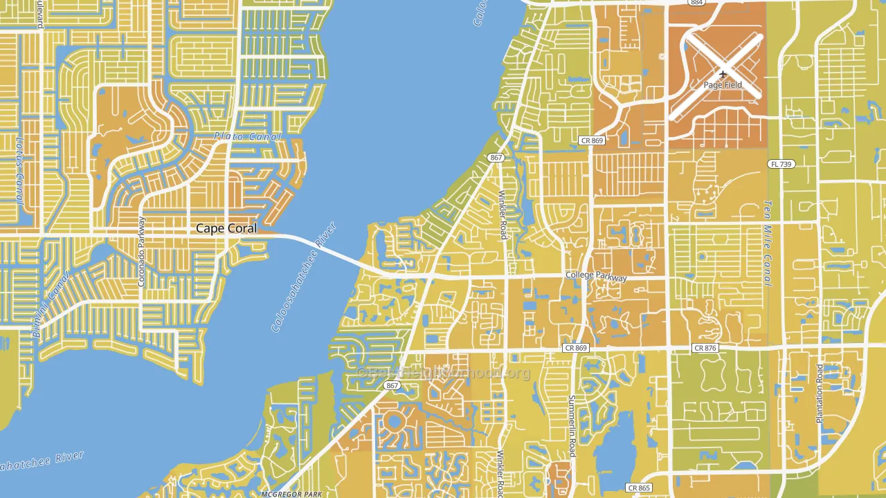 Map of the best neighborhoods in the McGregor area, with better matches in green and worse matches in red