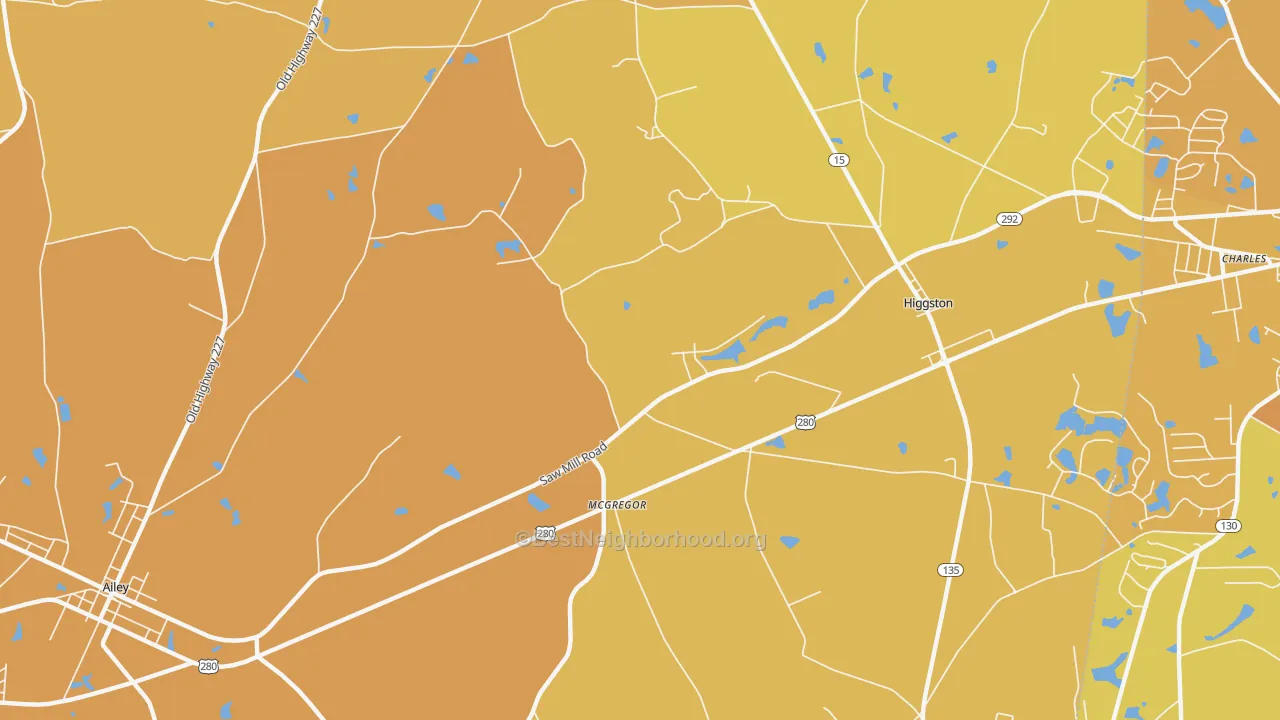 Map of the best neighborhoods in the McGregor area, with better matches in green and worse matches in red
