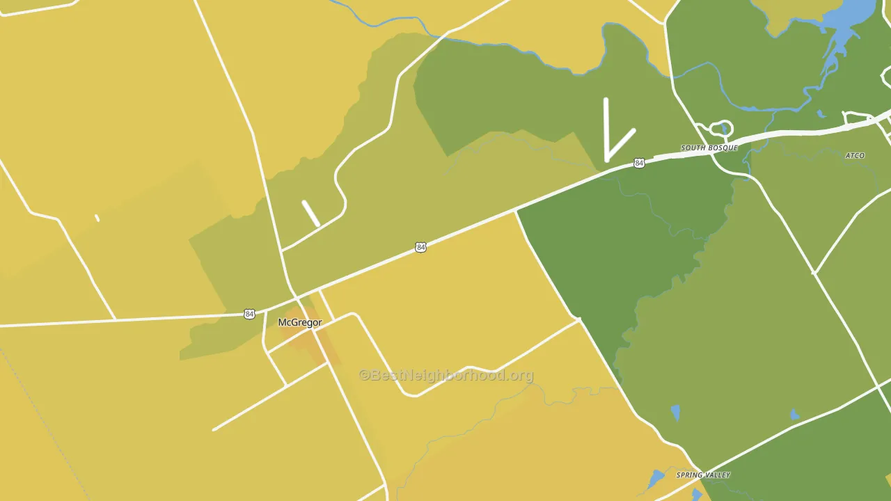 Map of the best neighborhoods in the McGregor area, with better matches in green and worse matches in red