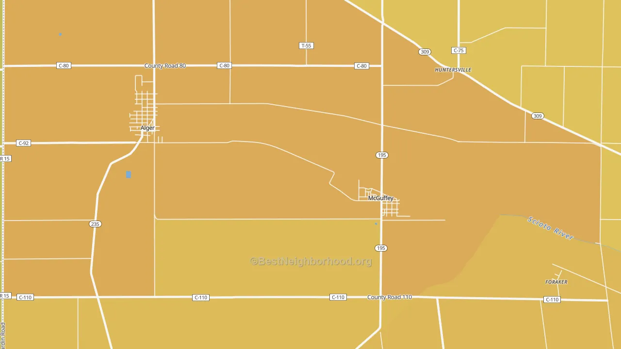 Map of the best neighborhoods in the McGuffey area, with better matches in green and worse matches in red
