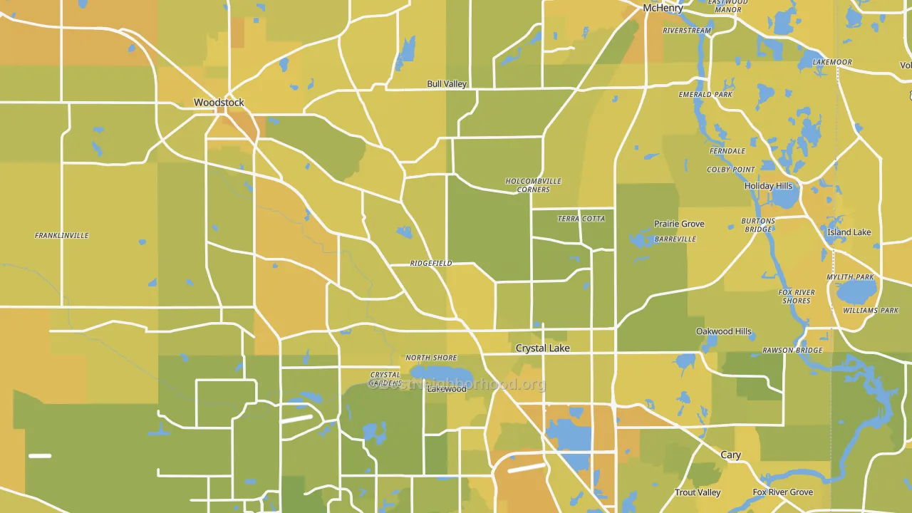 Map of the best neighborhoods in the McHenry County area, with better matches in green and worse matches in red
