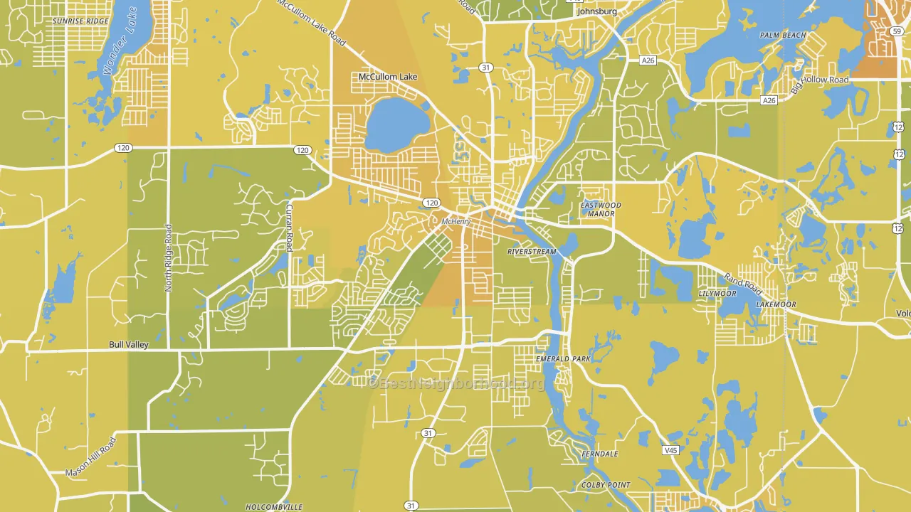 Map of the best neighborhoods in the Mchenry area, with better matches in green and worse matches in red