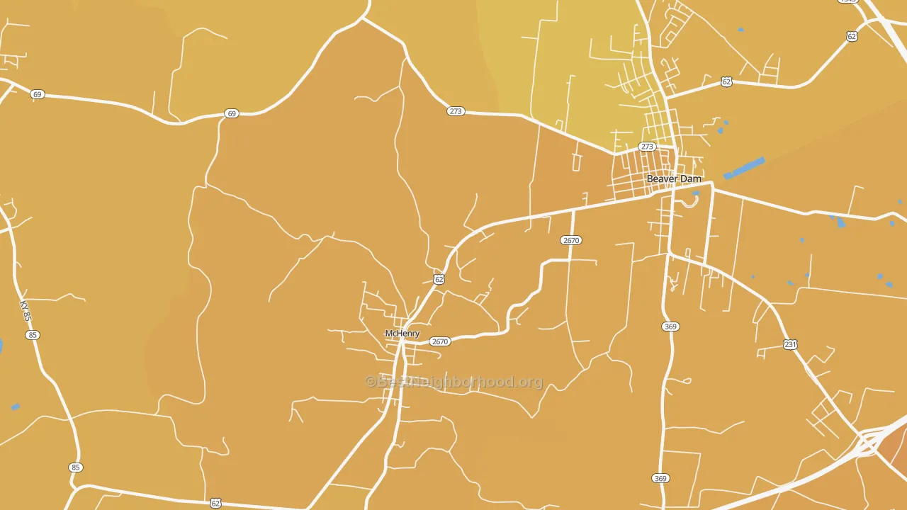 Map of the best neighborhoods in the McHenry area, with better matches in green and worse matches in red