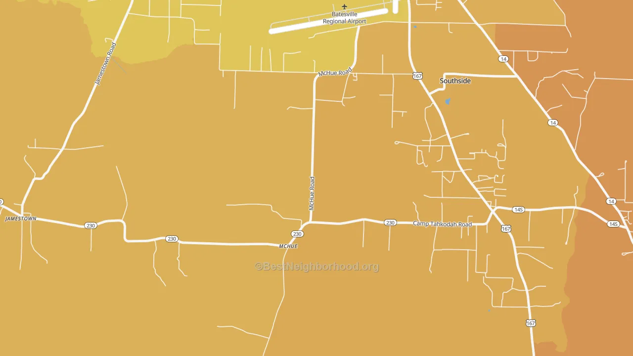 Map of the best neighborhoods in the McHue area, with better matches in green and worse matches in red