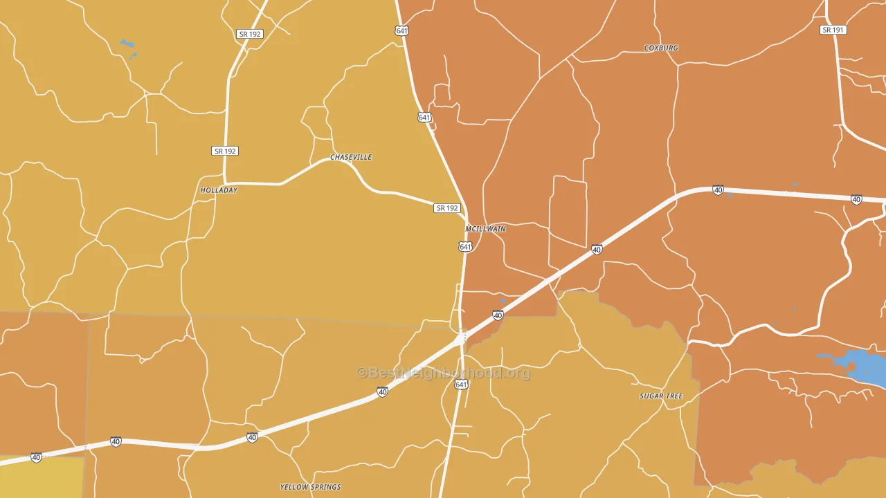 Map of the best neighborhoods in the McIllwain area, with better matches in green and worse matches in red