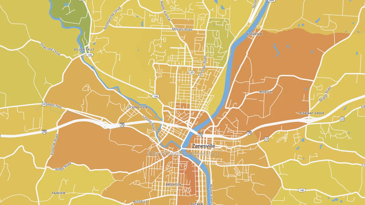 Map of the best neighborhoods in the McIntire Terrace Historic District, Zanesville area, with better matches in green and worse matches in red