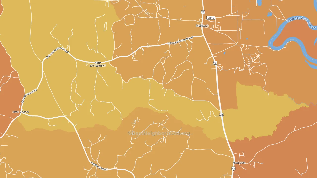 Map of the best neighborhoods in the McIntosh area, with better matches in green and worse matches in red