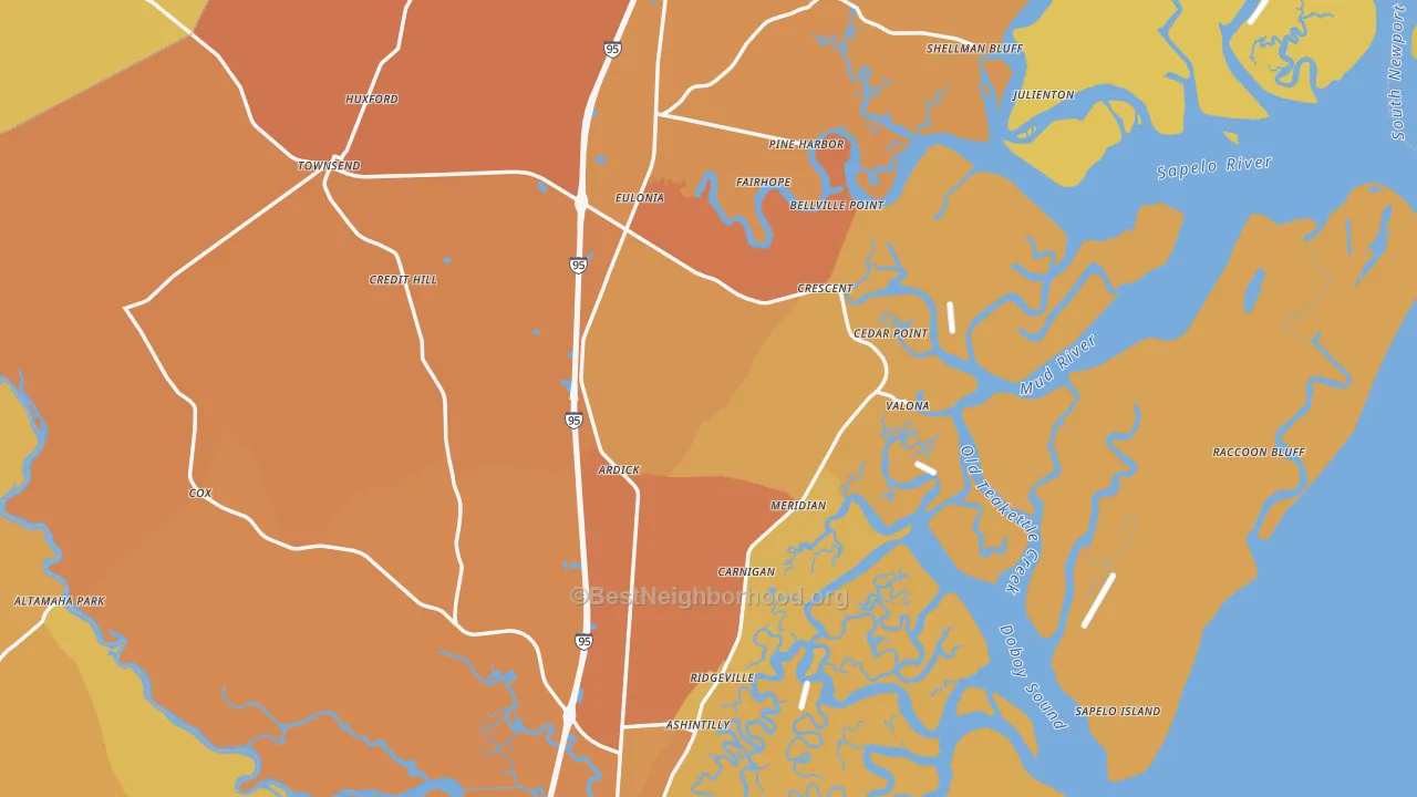 Map of the best neighborhoods in the McIntosh County area, with better matches in green and worse matches in red