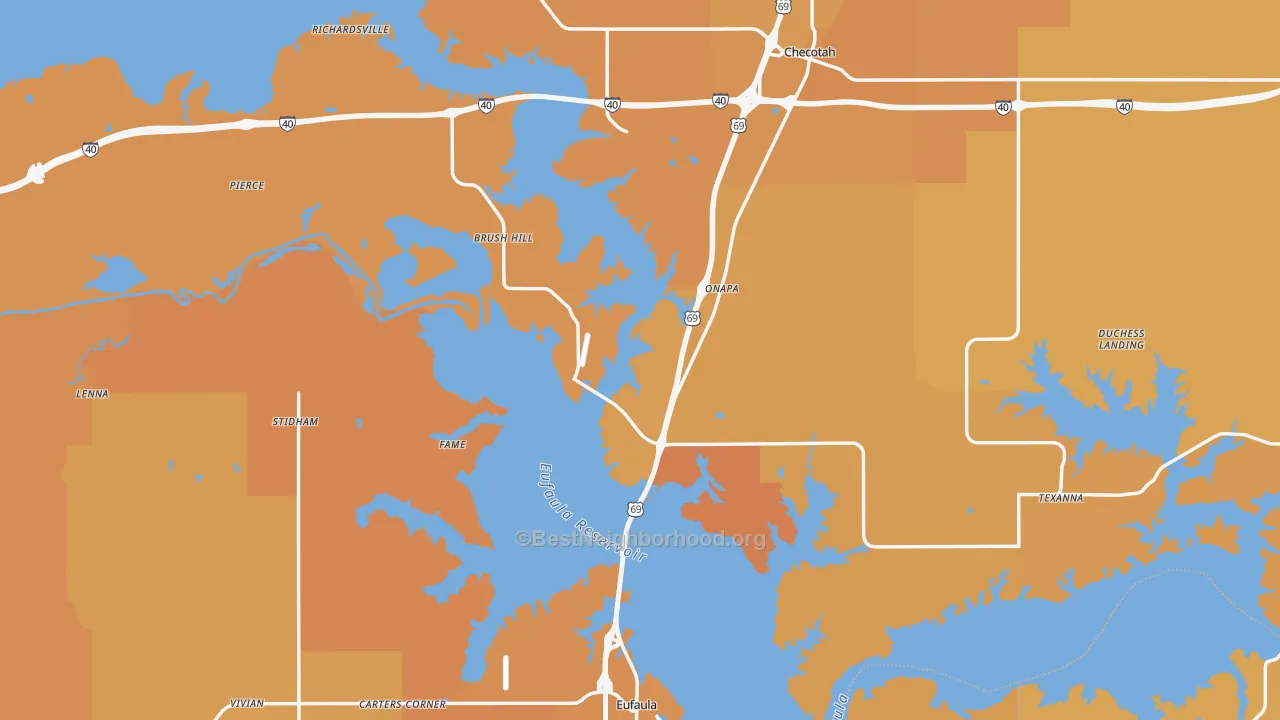 Map of the best neighborhoods in the McIntosh County area, with better matches in green and worse matches in red