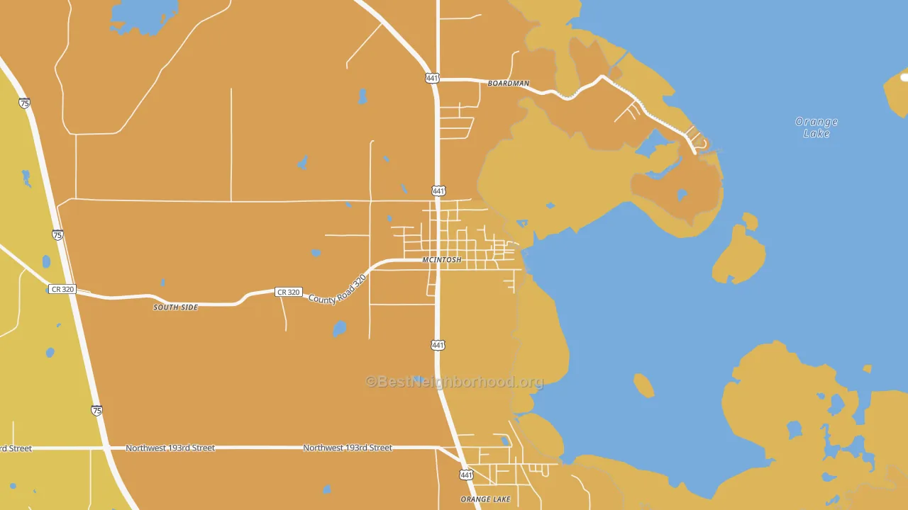 Map of the best neighborhoods in the McIntosh area, with better matches in green and worse matches in red