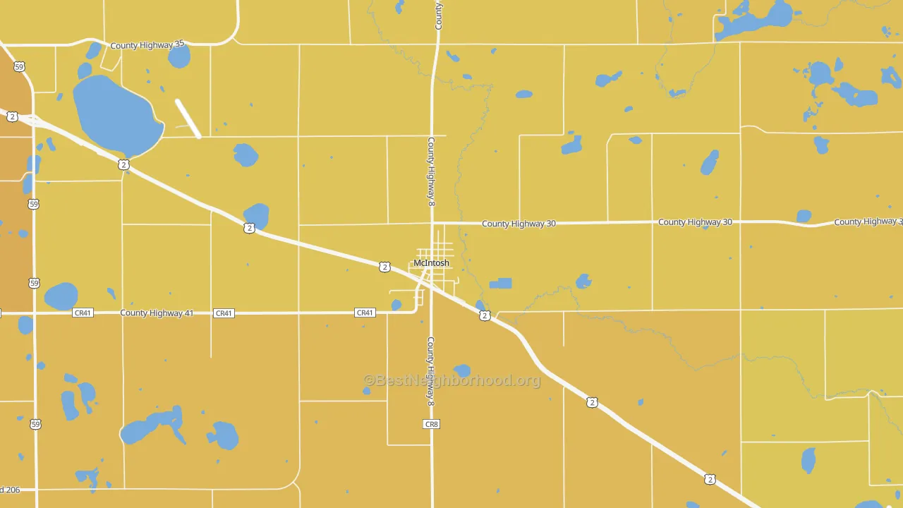 Map of the best neighborhoods in the Mcintosh area, with better matches in green and worse matches in red