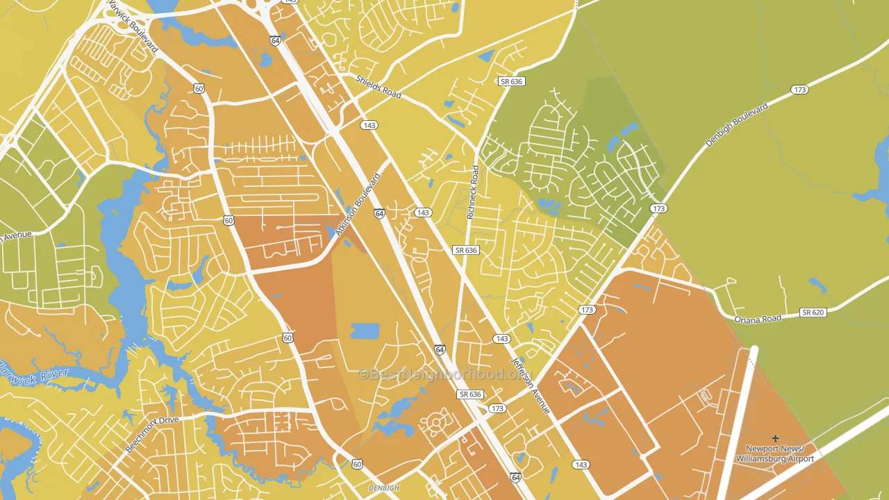 Map of the best neighborhoods in the McIntosh, Newport News area, with better matches in green and worse matches in red