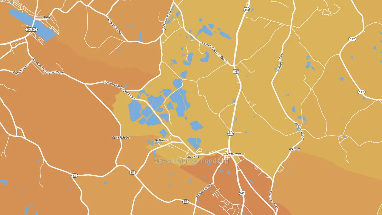 Map of the best neighborhoods in the McIntyre area, with better matches in green and worse matches in red