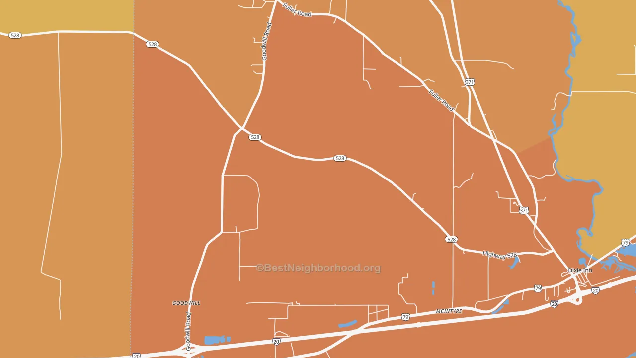 Map of the best neighborhoods in the McIntyre area, with better matches in green and worse matches in red