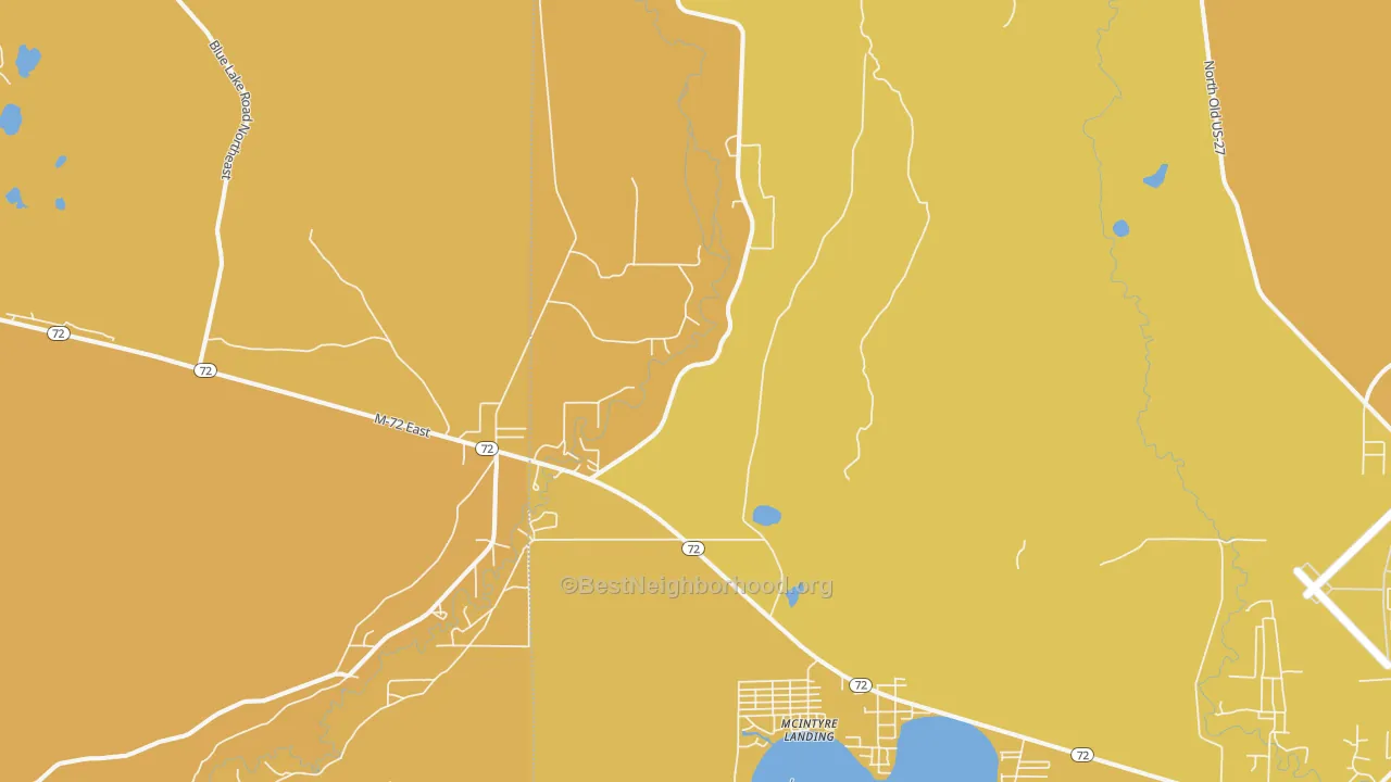 Map of the best neighborhoods in the McIntyre Landing area, with better matches in green and worse matches in red