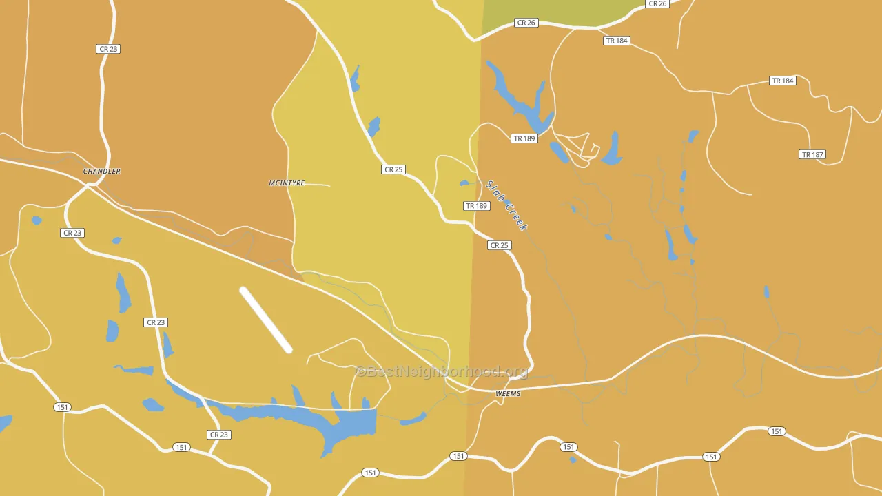 Map of the best neighborhoods in the McIntyre area, with better matches in green and worse matches in red