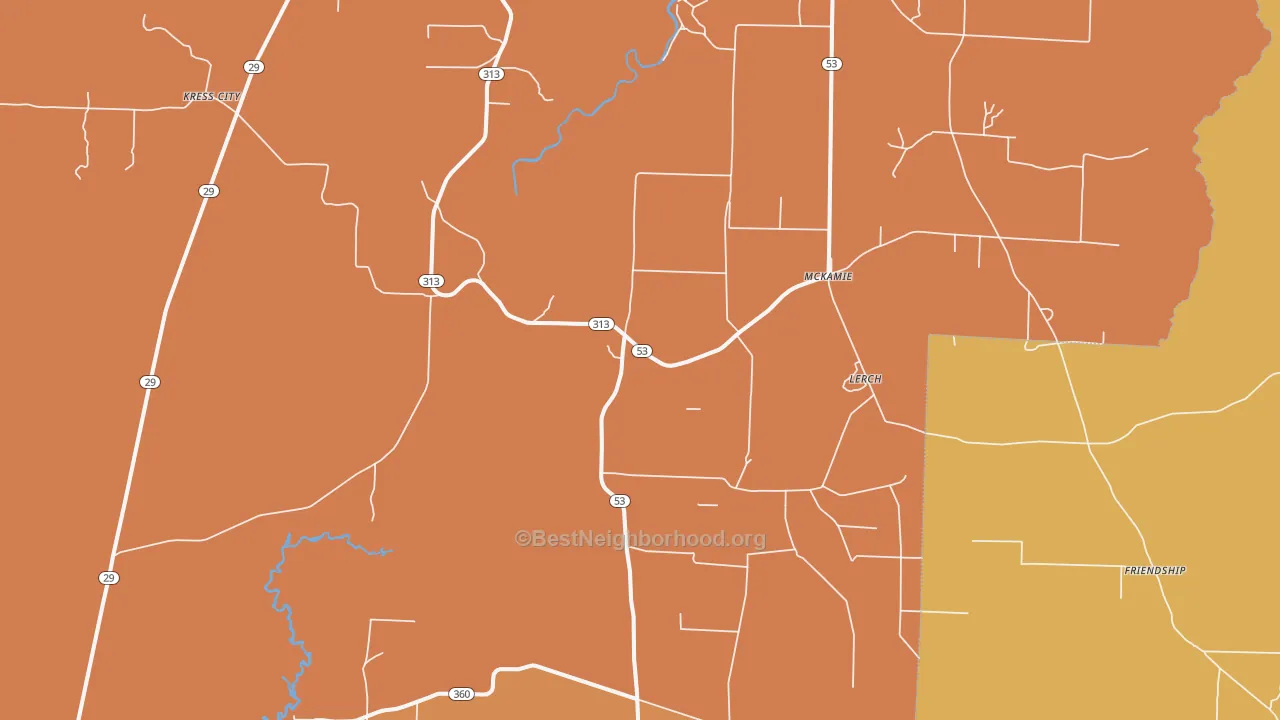 Map of the best neighborhoods in the McKamie area, with better matches in green and worse matches in red