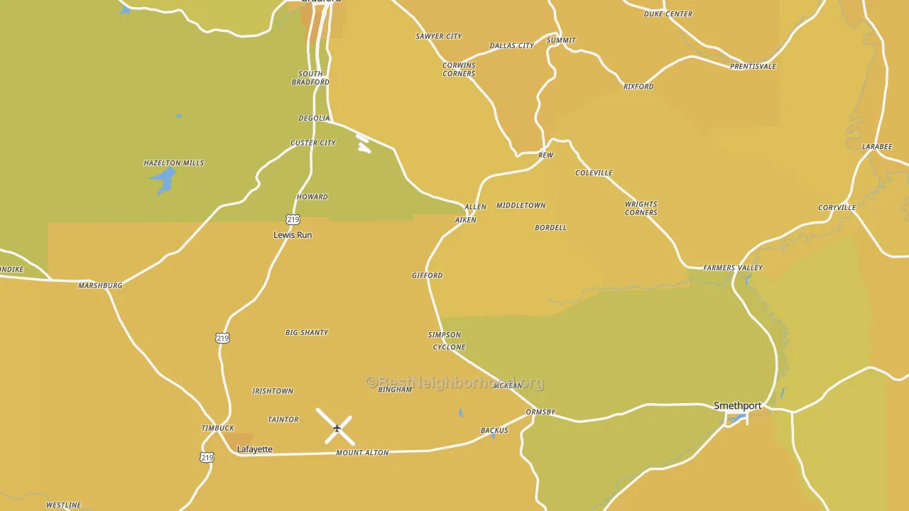 Map of the best neighborhoods in the McKean County area, with better matches in green and worse matches in red