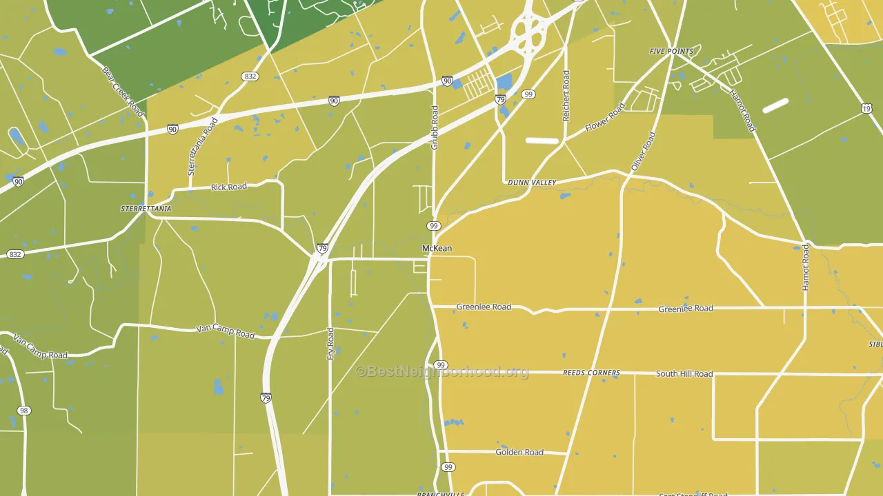 Map of the best neighborhoods in the McKean area, with better matches in green and worse matches in red