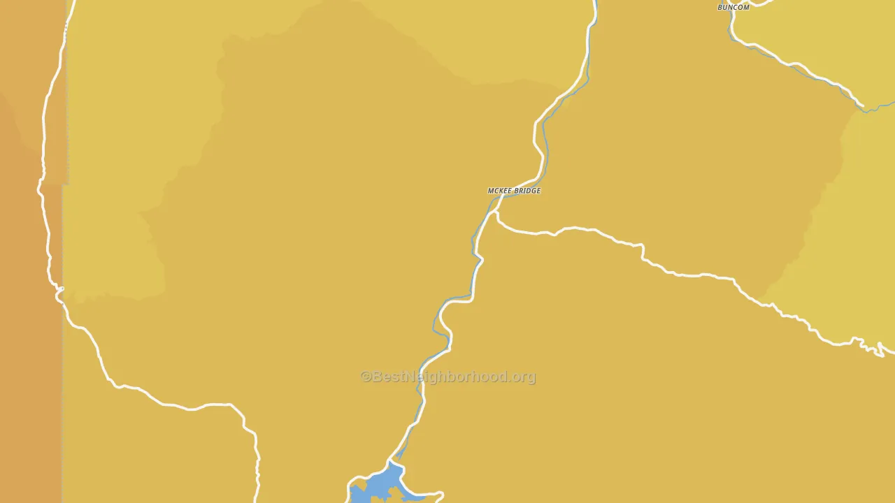 Map of the best neighborhoods in the McKee Bridge area, with better matches in green and worse matches in red