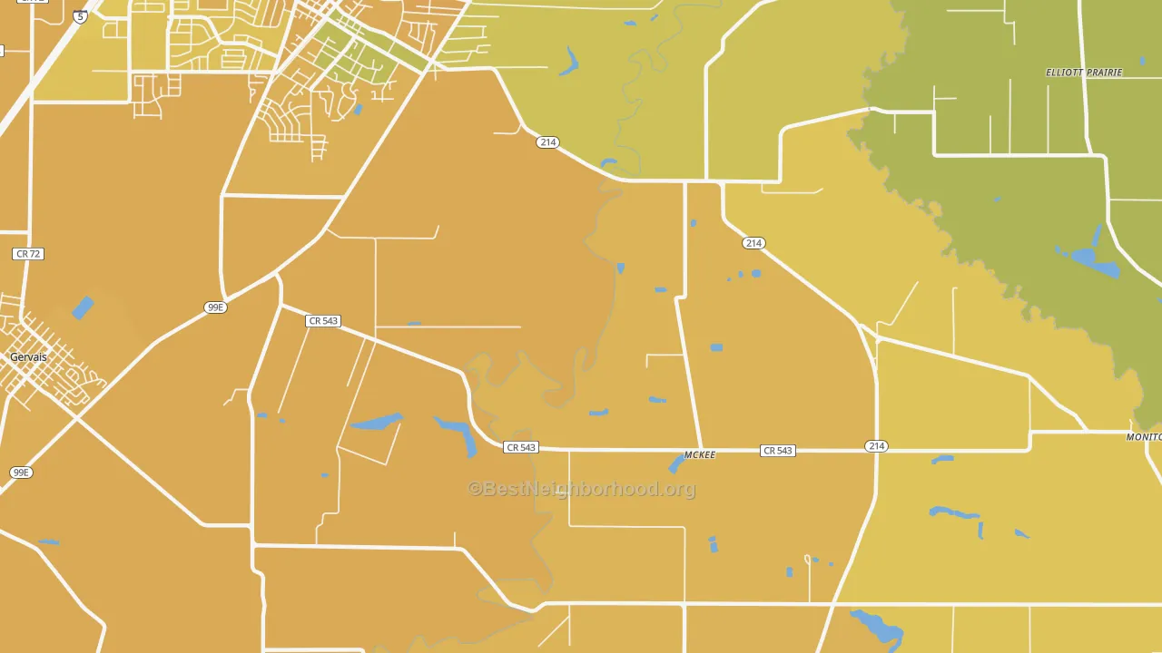 Map of the best neighborhoods in the McKee area, with better matches in green and worse matches in red