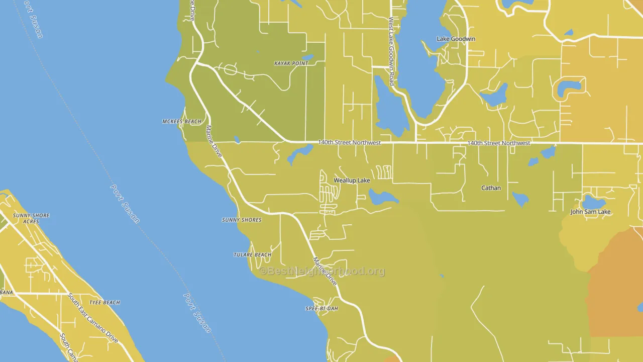 Map of the best neighborhoods in the McKees Beach area, with better matches in green and worse matches in red