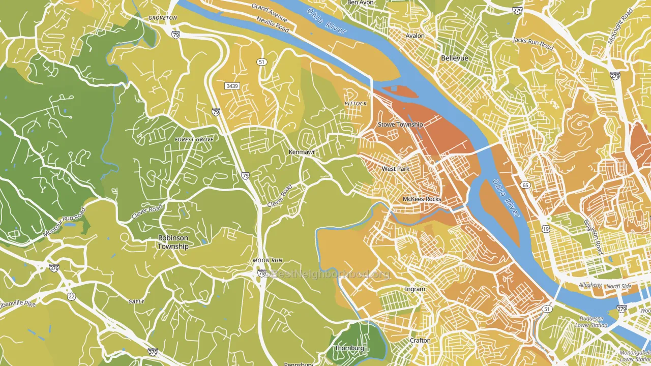 Map of the best neighborhoods in the Mckees Rocks area, with better matches in green and worse matches in red