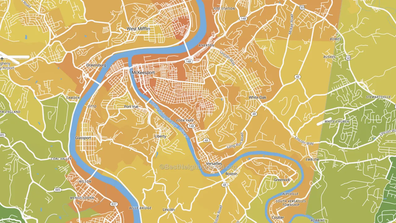Map of the best neighborhoods in the McKeesport area, with better matches in green and worse matches in red