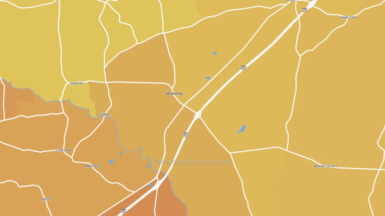 Map of the best neighborhoods in the McKenney area, with better matches in green and worse matches in red