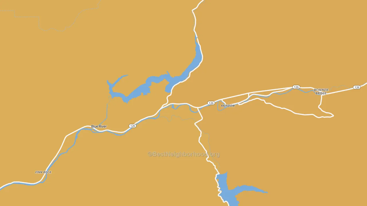 Map of the best neighborhoods in the McKenzie Bridge area, with better matches in green and worse matches in red