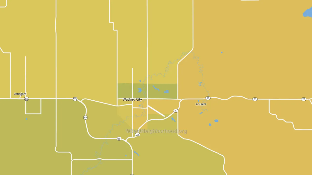 Map of the best neighborhoods in the McKenzie County area, with better matches in green and worse matches in red
