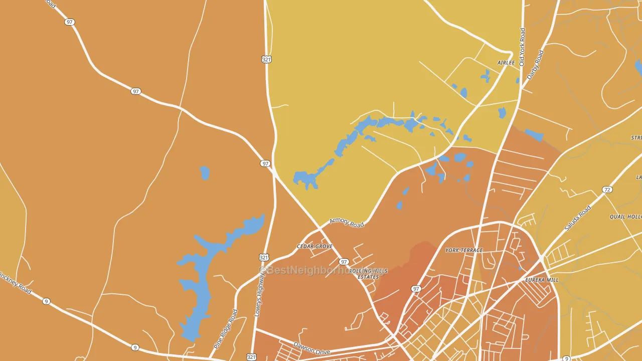 Map of the best neighborhoods in the Mckeown area, with better matches in green and worse matches in red