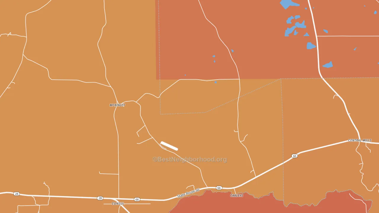 Map of the best neighborhoods in the McKinley area, with better matches in green and worse matches in red