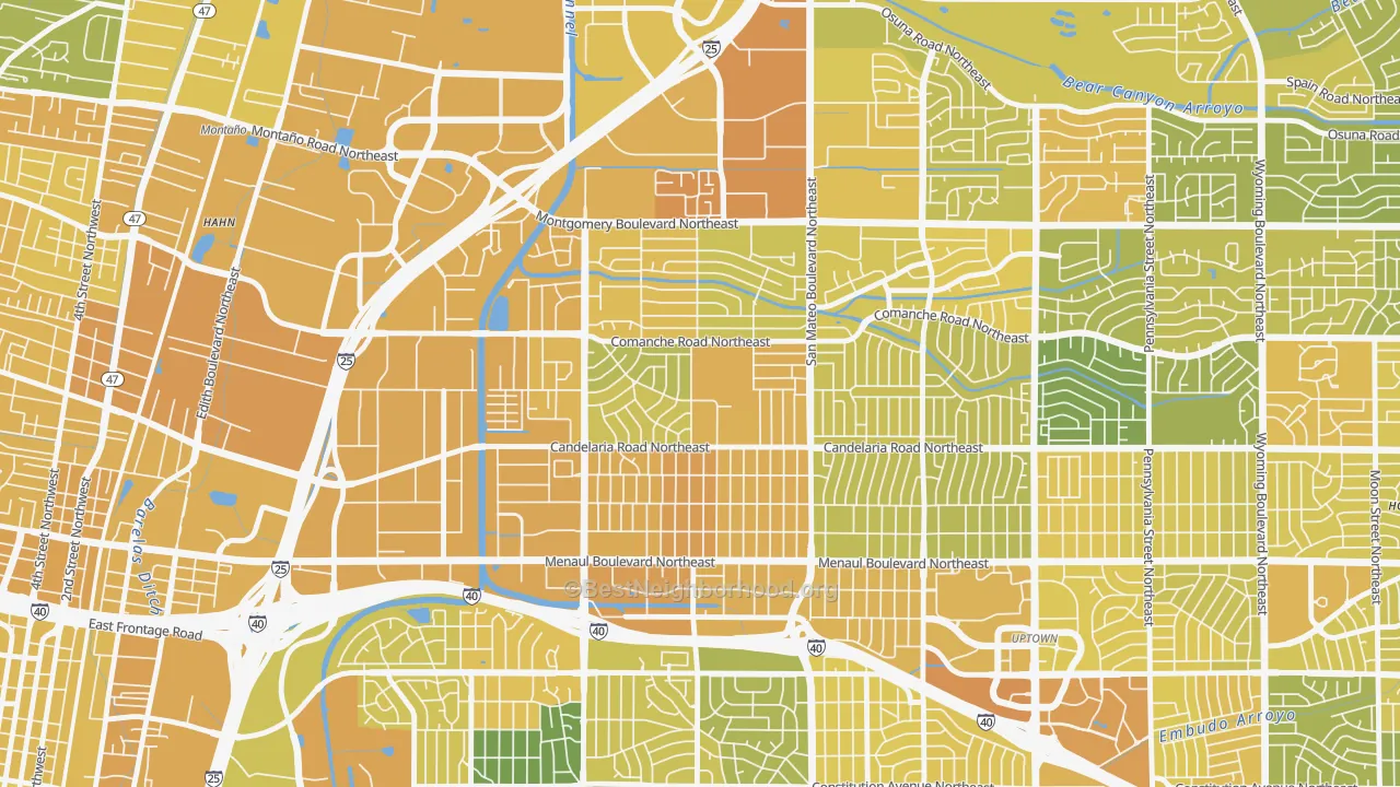 Map of the best neighborhoods in the McKinley, Albuquerque area, with better matches in green and worse matches in red