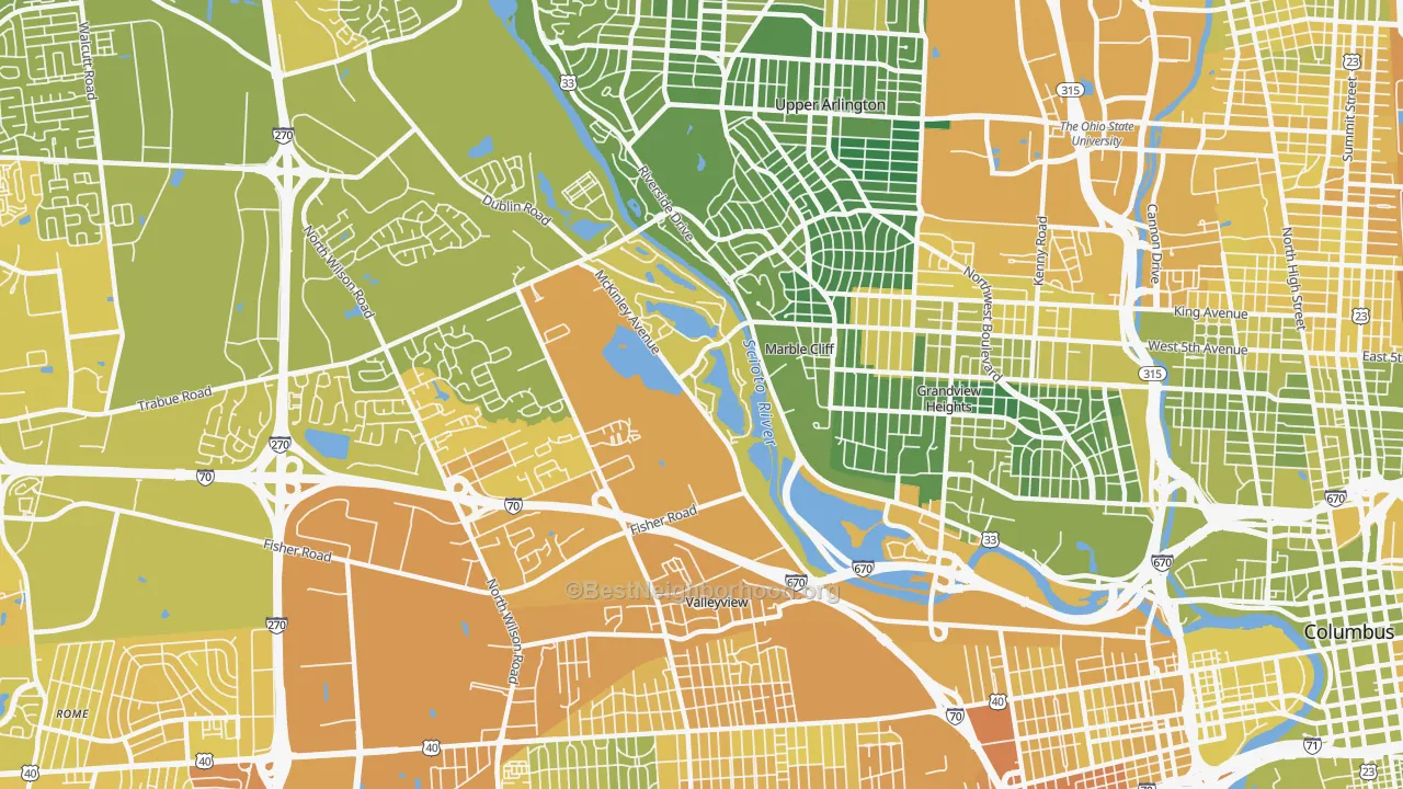 Map of the best neighborhoods in the McKinley Avenue Corridor, Columbus area, with better matches in green and worse matches in red