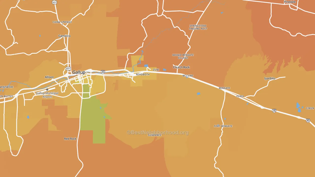 Map of the best neighborhoods in the McKinley County area, with better matches in green and worse matches in red