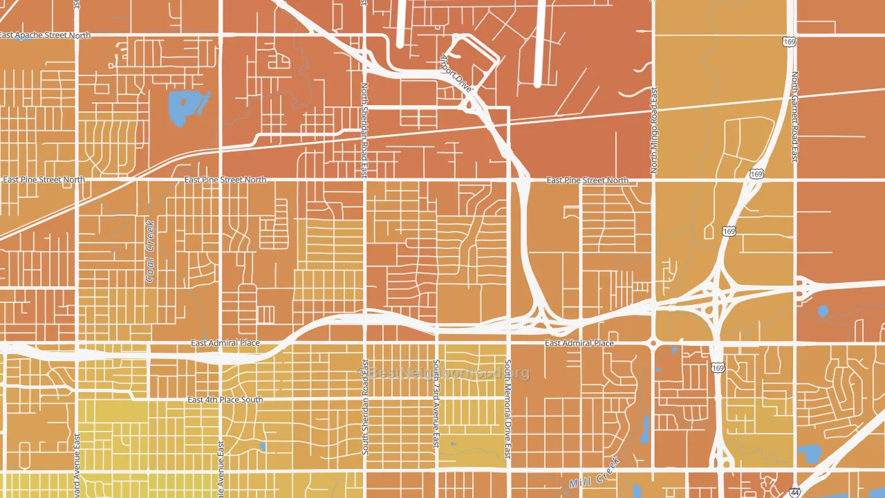 Map of the best neighborhoods in the McKinley Mitchell, Tulsa area, with better matches in green and worse matches in red