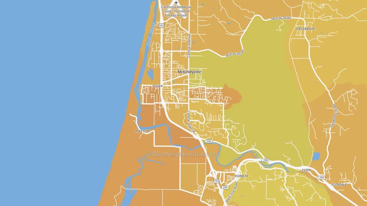 Map of the best neighborhoods in the Mckinleyville area, with better matches in green and worse matches in red