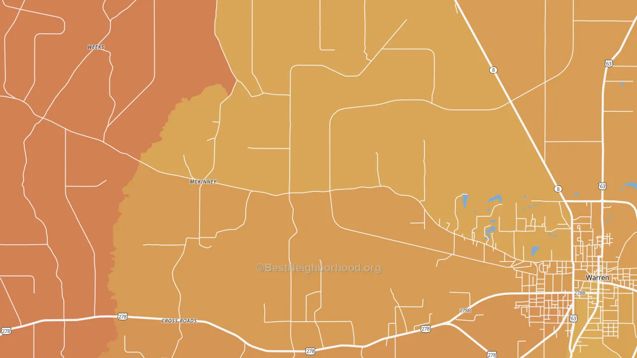 Map of the best neighborhoods in the McKinney area, with better matches in green and worse matches in red