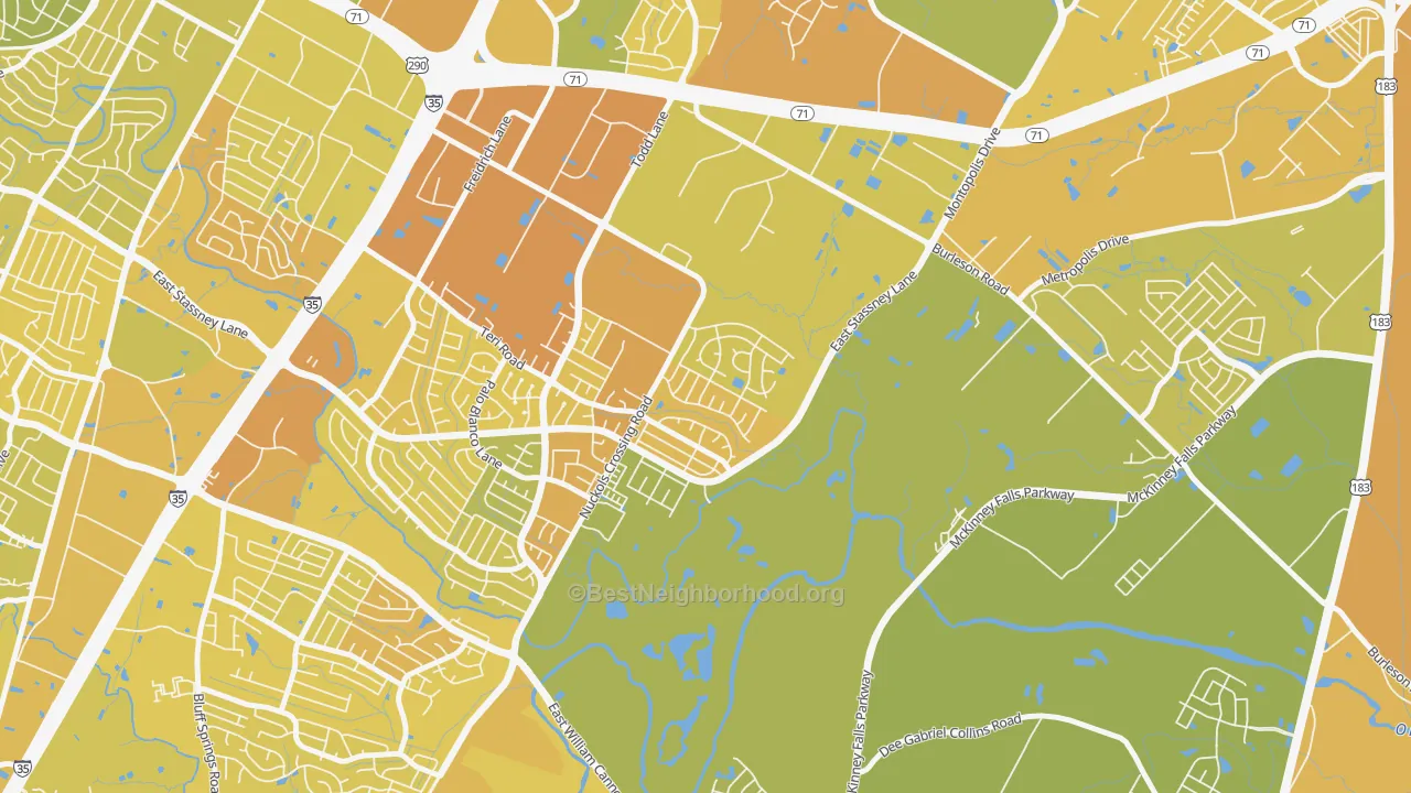 Map of the best neighborhoods in the McKinney, Austin area, with better matches in green and worse matches in red