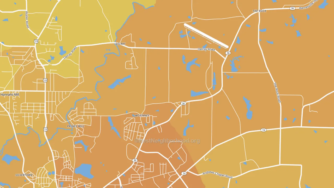 Map of the best neighborhoods in the McKinney area, with better matches in green and worse matches in red